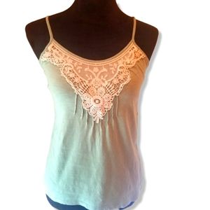 Light Green Floral Embroidered Pleated Racerback Tank Top Small